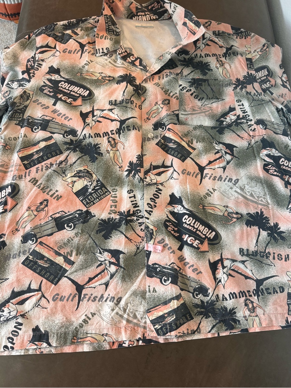 Columbia XXL Short-Sleeve Fishing Print Shirt - Coral, Black, White